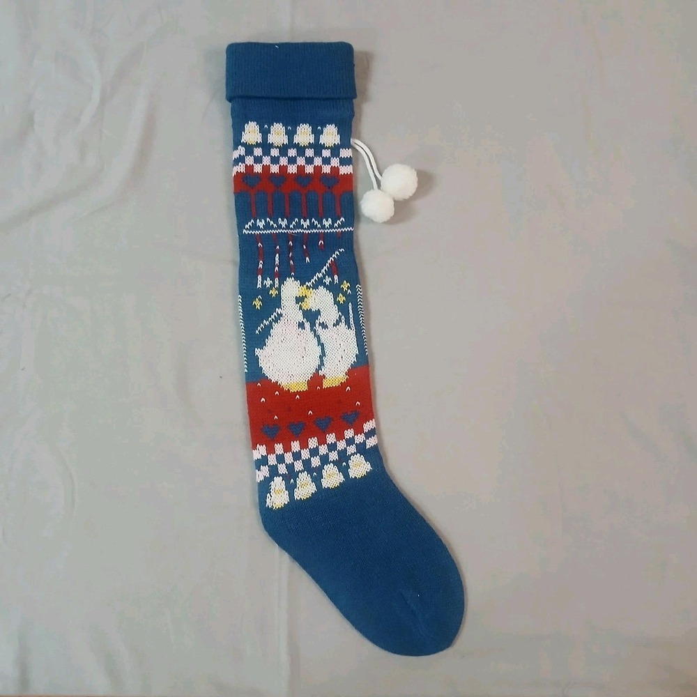 Vtg Knit Christmas Stocking Blue Country Geese Retro Sweater Yarn Crochet READ
